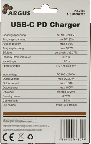Lader 230V 1xUSB-C 100W Argus PD-2100 Zwart
